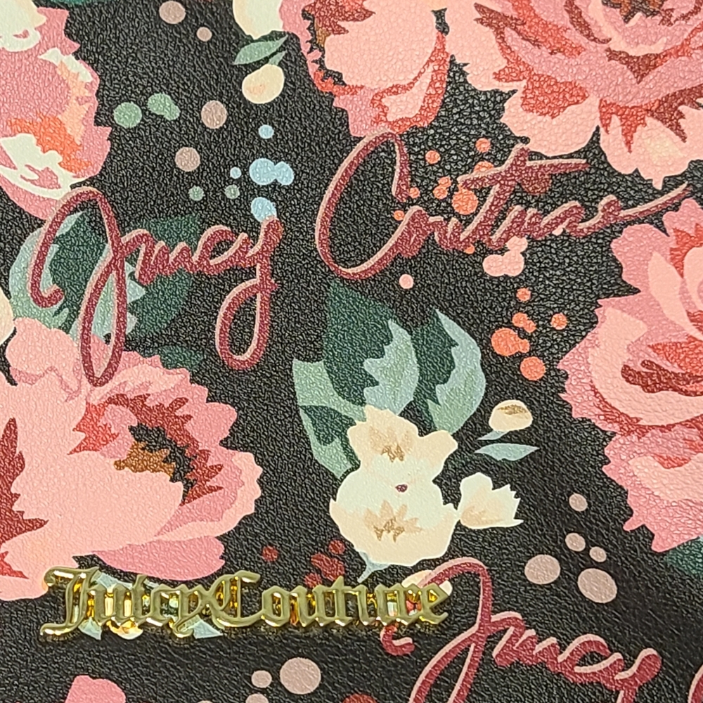 NWOT Juicy Couture Red Pink Floral Flower Black Leather Trim Purse - Picture 2 of 9